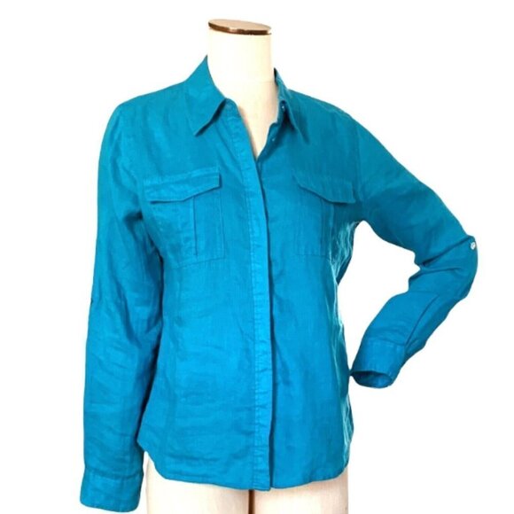 INC International Concepts Linen Button Front Safari Shirt Sz 8 Turquoise 208G - Picture 2 of 6